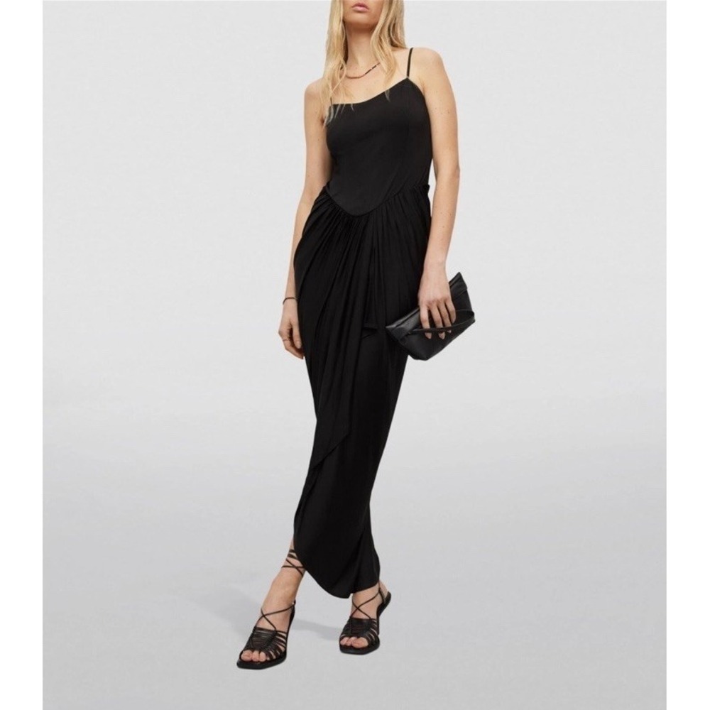 ALLSAINTS Dress sz 12 Aurelia Black Empire Waist Pleated Draped Skirt Sweetheart - Picture 1 of 10